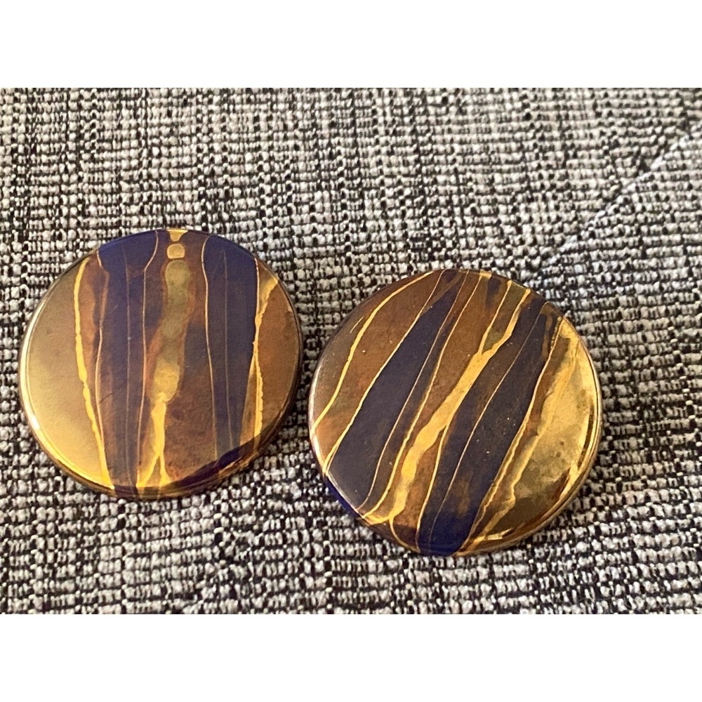 VTG 80s Studio Art Ceramic Disc Post Earrings Abstract Gold & Brown Purple Glaze